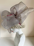 SILVER GREY & FUCHIA PINK TRIM HATINATOR WITH LARGE FLOWER DESIGN ON HEADBAND