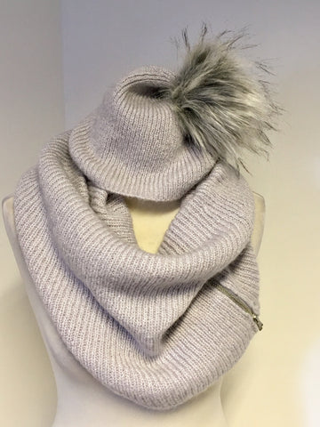 MINT VELVET LIGHT GREY FAUX FUR BOBBLE HAT & MATCHING SNOOD ONE SIZE