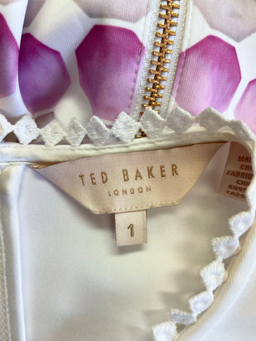 TED BAKER MYLEY MARINA WHITE MOSAIC PRINT SHORT SLEEVE SHATER DRESS SIZE 1 UK 8/10