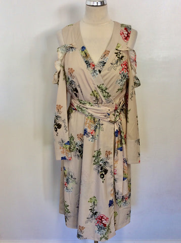 PREEN EDITION CREAM FLORAL PRINT COLD SHOULDER WRAP DRESS SIZE 12