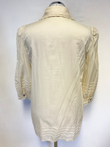 PERUVIAN CONNECTION CREAM LACE TRIMMED PIMA COTTON SMOCK BLOUSE SIZE M