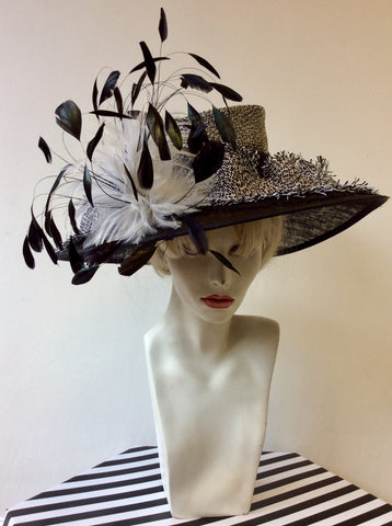 VICTORIA ANN BLACK & WHITE WEAVE WITH FEATHERS WIDE BRIM FORMAL HAT