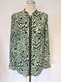 FRENCH CONNECTION BLACK,WHITE & GREEN PRINT ZIP UP LONG SLEEVE BLOUSE/ TOP SIZE 12