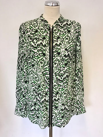 FRENCH CONNECTION BLACK,WHITE & GREEN PRINT ZIP UP LONG SLEEVE BLOUSE/ TOP SIZE 12
