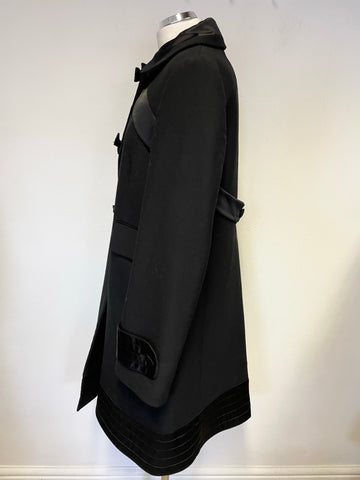 FRENCH CONNECTION BLACK 100% VIRGIN WOOL SATIN TRIMMED COAT SIZE 14