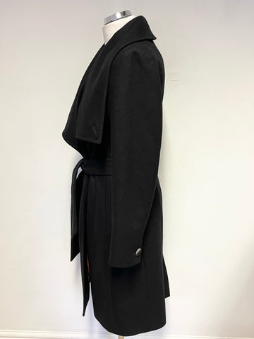 TED BAKER BLACK DANITA WRAP AROSS WOOL & CASHMERE BLEND BELTED KNEE LENGTH COAT SIZE 2 UK 10