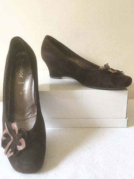 GABOR BROWN SUEDE FLOWER TRIM WEDGE HEELS SIZE 6/39