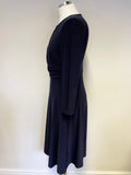 DKNY NAVY BLUE WRAP OVER TOP 3/4 SLEEVE A LINE DRESS SIZE 4 UK 8