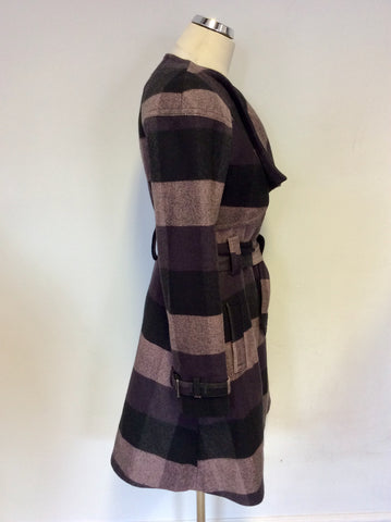 TED BAKER PURPLE,BLACK & DARK GREY CHECK WOOL BLEND TIE WAIST COAT SIZE 2 UK 10