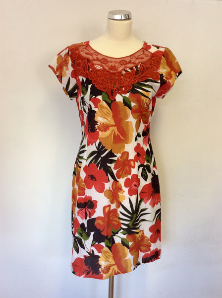 BRAND NEW BODEN WHITE,ORANGE & GREEN FLORAL PRINT COTTON SHIFT DRESS SIZE 14