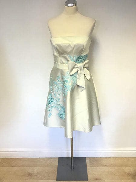 BRAND NEW KAREN MILLEN IVORY & TURQUOISE EMBROIDERED SPECIAL OCCASION DRESS SIZE 12