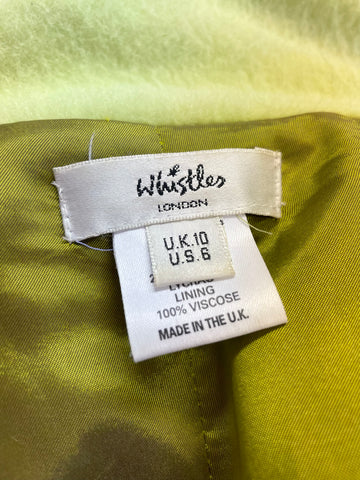 WHISTLES LIME GREEN WOOL KNEE LENGTH COAT SIZE 10