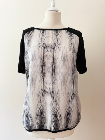 MINT VELVET BLACK & GREY SILK FRONT SHORT SLEEVE TOP SIZE 16