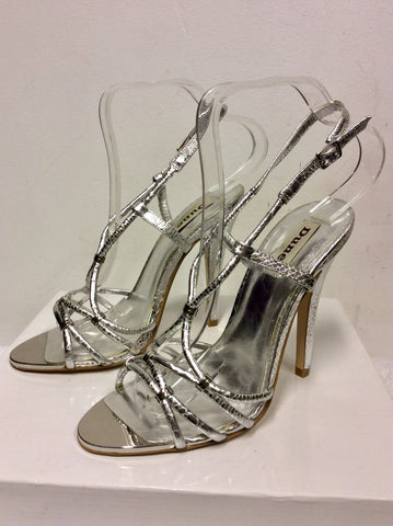 BRAND NEW DUNE SILVER LEATHER STRAPPY HEELED SANDALS SIZE 5/38
