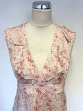 JIGSAW IVORY & PINK FLORAL PRINT 100% SILK FRILL TRIM SLEEVELESS DRESS SIZE 12