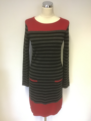 HOBBS RED WITH GREY & BLACK STRIPE LONG SLEEVE KNIT DRESS SIZE M