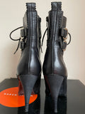 KAREN MILLEN BLACK LEATHER LACE UP & BUCKLE TRIM HEELED SHORT BOOTS SIZE 4/37