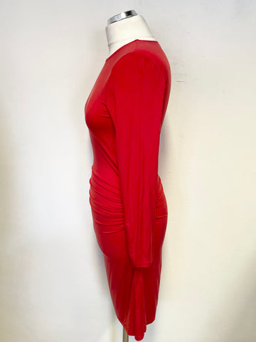 & OTHER STORIES RED SILKY STRETCH JERSEY LONG SLEEVED BODYCON DRESS SIZE 36 UK 8