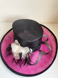 JACQUES VERT DARK PINK,BLACK & CREAM FLOWER, FEATHER & COIL TRIM FORMAL HAT