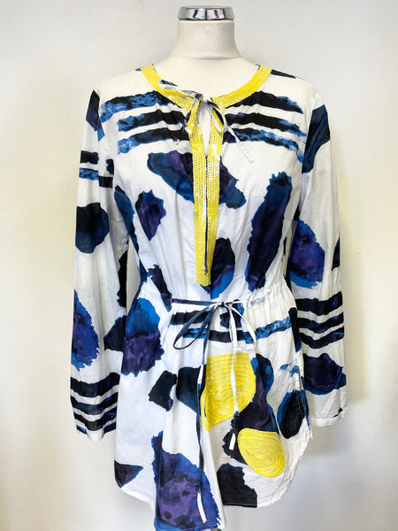 LUISA CERANO BLUE & WHITE WITH YELLOW SEQUIN TRIMMED TUNIC TOP SIZE 14