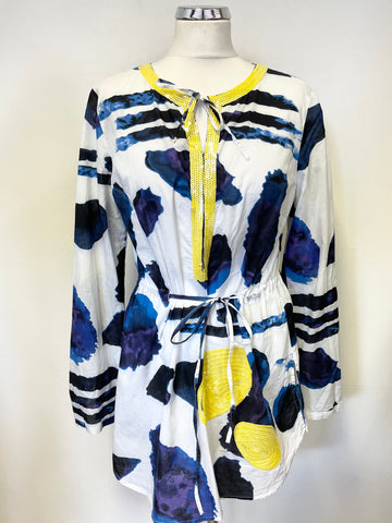 LUISA CERANO BLUE & WHITE WITH YELLOW SEQUIN TRIMMED TUNIC TOP SIZE 14
