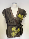MONSOON SILK BROWN & LIME GREEN APPLIQUÉ WRAP AROUND TOP & A LINE SKIRT SIZE 14