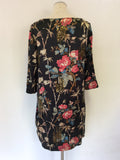 MONSOON BLACK FLORAL PRINT GOLD SEQUIN TRIM SHIFT DRESS SIZE 14