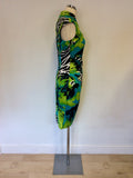 FRANK LYMAN TURQOUISE & GREEN TROPICAL PRINT PENCIL DRESS SIZE 12