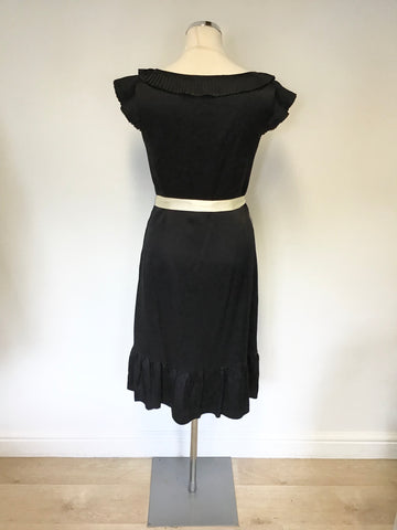 MONSOON BLACK SILK SCOOP NECKLINE WITH PLEATED TRIMS & IVORY TIE BELT DRESS SIZE 10