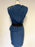 WHISTLES BLUE SILK BEADED SHOULDER PEPLUM WAIST TRIM OCCASION PENCIL DRESS SIZE 8