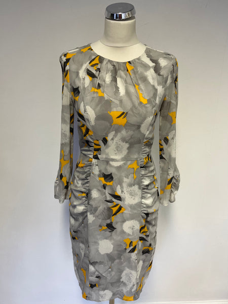 WHISTLES GREY,BLACK & ORANGE PRINT 3/4 SLEEVE SILK PENCIL DRESS SIZE 10