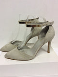 BRAND NEW REISS LIGHT GREY SUEDE & GOLD METAL TRIM ANKLE STRAP HEELS SIZE 5/38