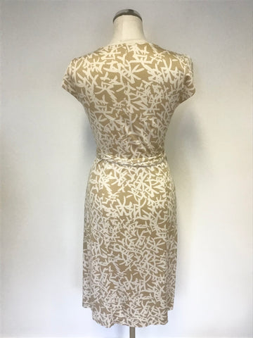 DIANE VON FURSTENBERG GOLD & IVORY PRINT SILK WRAP DRESS SIZE 6 UK 10