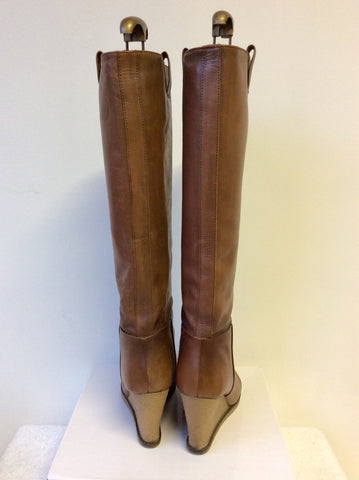 ZARA WOMAN TAN LEATHER WEDGE HEEL KNEE LENGTH BOOTS SIZE 5/38