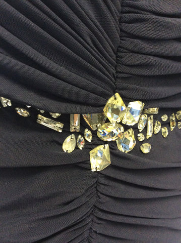 GINA BACCONI DARK BLUE DIAMANTÉ JEWEL TRIM LONG SLEEVE EVENING DRESS SIZE 16