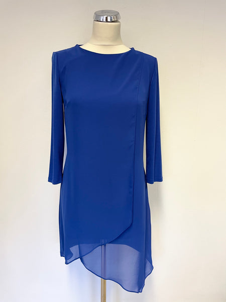 PHASE EIGHT BLUE DRAPED FRONT 3/4 SLEEVE SHIFT DRESS SIZE 10
