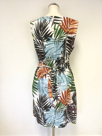 HOBBS MULTI COLOURED LEAF PRINT LINEN SLEEVELESS BELTED SHIFT DRESS SIZE 14