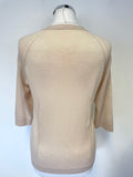 WHISTLES NUDE FINE KNIT V NECKLINE DARTED TRIM 3/4 SLEEVE CARDIGAN SIZE 4 FIT UK 10