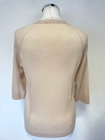 WHISTLES NUDE FINE KNIT V NECKLINE DARTED TRIM 3/4 SLEEVE CARDIGAN SIZE 4 FIT UK 10