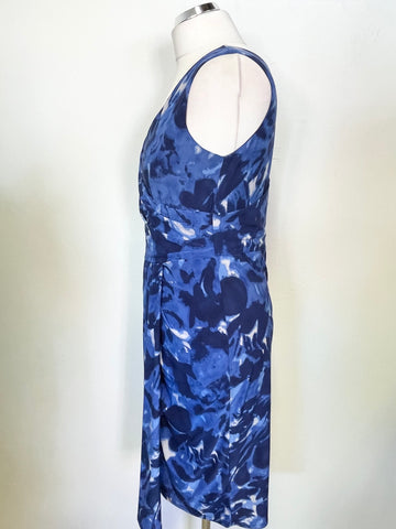 PHASE EIGHT BLUE PRINT DRAPED STRETCH JERSEY SLEEVELESS PENCIL DRESS SIZE 14
