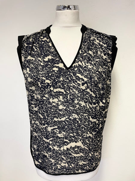 WHISTLES NAVY BLUE & CREAM PRINT 100% SILK SLEEVELESS TOP SIZE 6