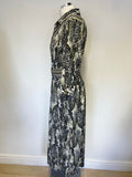 K DESIGN GREEN,BLACK & WHITE PRINT STRETCH JERSEY 3/4 SLEEVE BELTED MIDI SHIRT DRESS SIZE L