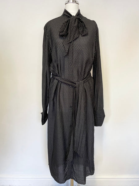 & OTHER STORIES BLACK STAR PRINT BUTTON FRONT PUSSY BOW TIE & BELTED DRESS SIZE 36 UK 10