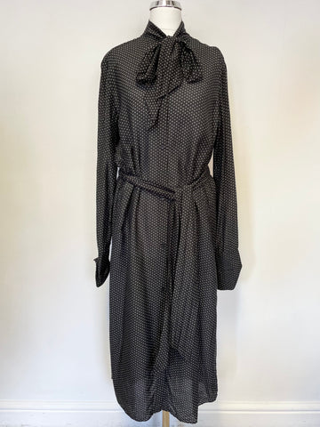 & OTHER STORIES BLACK STAR PRINT BUTTON FRONT PUSSY BOW TIE & BELTED DRESS SIZE 36 UK 10