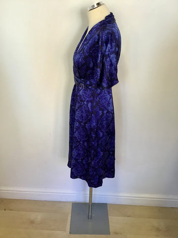KAREN MILLEN BLACK & BLUE SNAKESKIN PRINT SILK DRESS SIZE 12