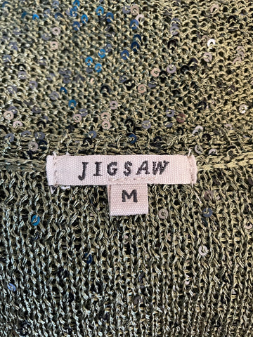 JIGSAW OLIVE GREEN SEQUINNED TRIM SLEEVELESS FINE KNIT TOP SIZE M