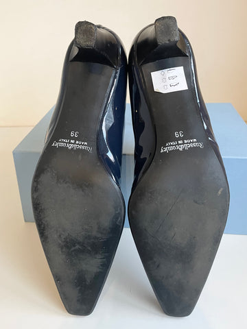 RUSSELL & BROMLEY NAVY BLUE PATENT LEATHER BUCKLE STRAP HEELS SIZE 6/39