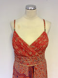MONSOON CORAL RED, PURPLE & GOLD PRINT MAXI DRESS SIZE 14