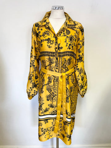 ZARA WOMAN MUSTARD YELLOW & BLACK FLORAL PRINT BELTED SHIRT DRESS SIZE XL