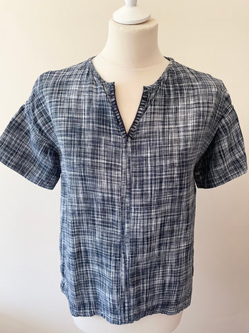 TOAST NAVY BLUE & WHITE WEAVE LINEN SHORT SLEEVE TOP SIZE M